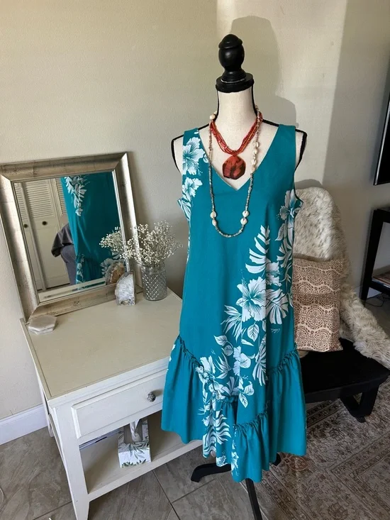 Vtg Hawaiian Washed teal white floral v neck tank midi maxi mumu dress M - Picture 1 of 12